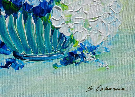 White and Blue Hydrangea Small Painting on Canvas. Impressionistic Stile Flowers Abstract Floral. Modern Impressionism Contemporary Art