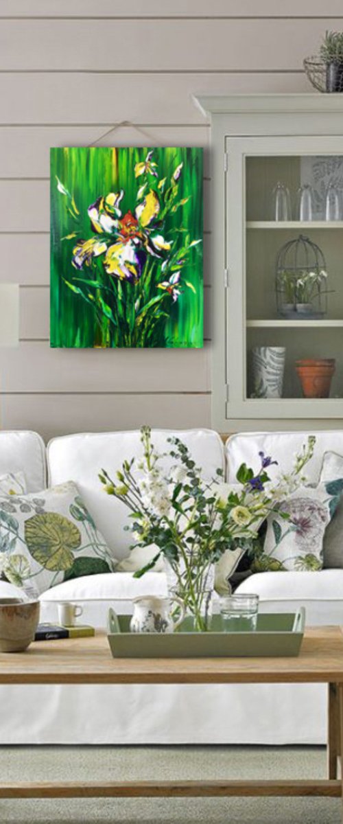 ROYAL IRIS - White irises. Bright green background. Summer flowers. Abstract bouquet. Gentle. Fresh. Wonderful. by Marina Skromova