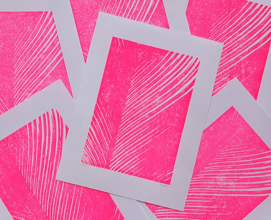 Neon pink palm leaf ⋅ Linocut print