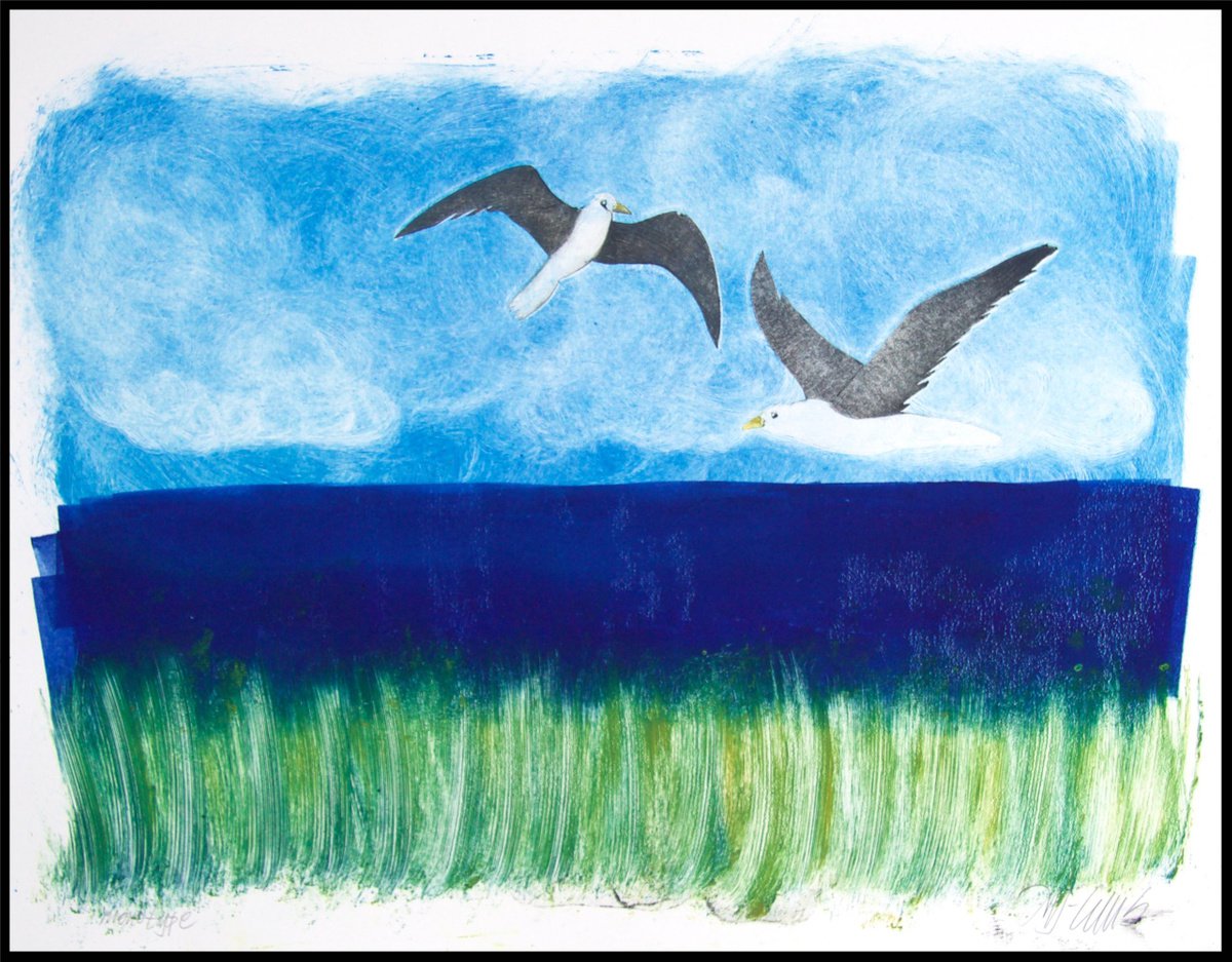 Seagulls, monotype with collagraph, one of a kind by Mariann Johansen-Ellis