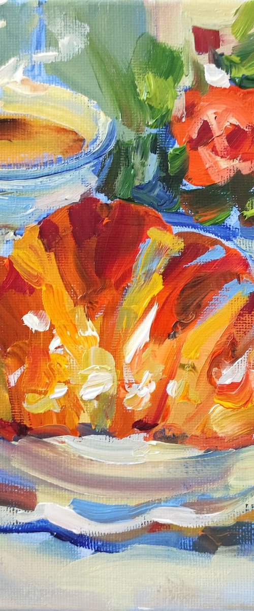 Croissant and Coffee. Oil Painting. by Natalia Miasnikova