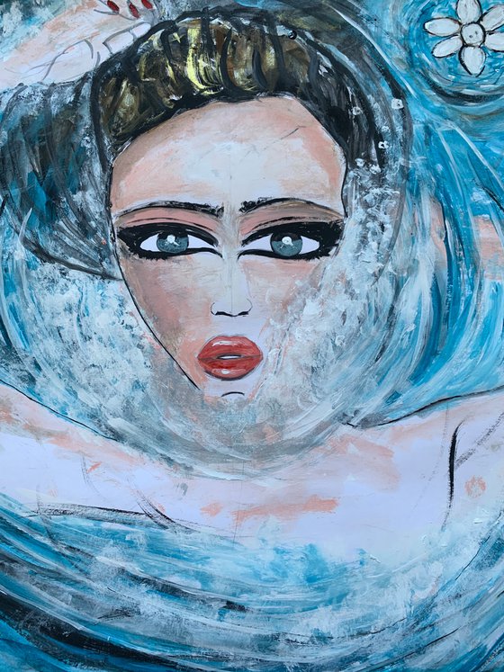 Face Underwater Painting in Acrylic on Canvas Hyperrealism Ocean Paintings Swimming in Water