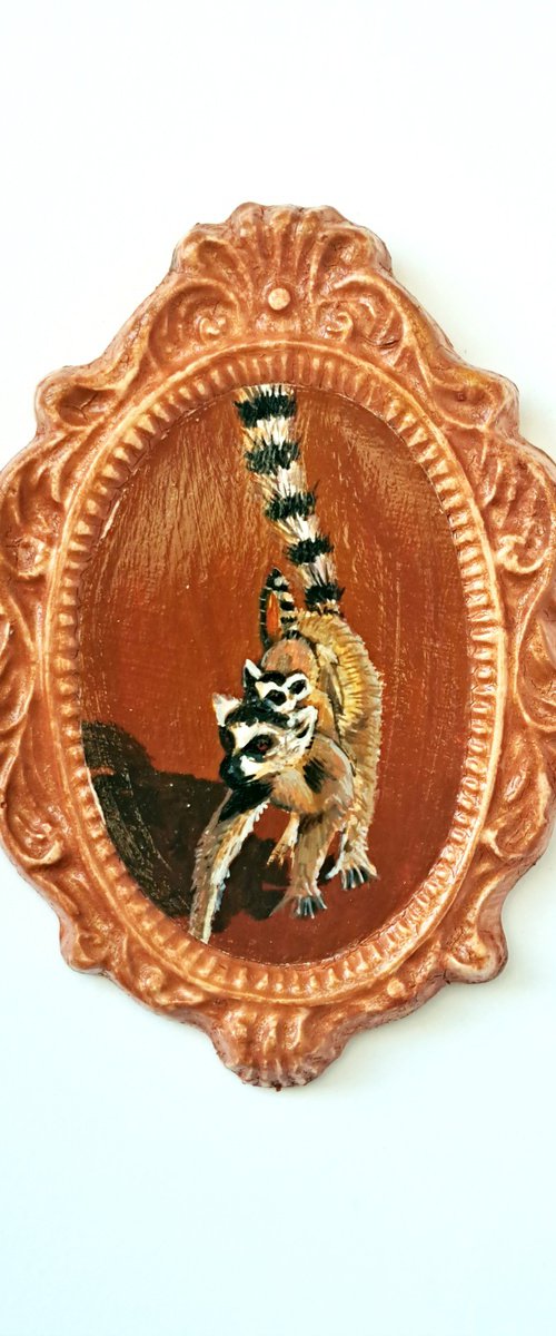 Ring-tailed lemur, part of framed animal miniature series "festum animalium" by Andromachi Giannopoulou