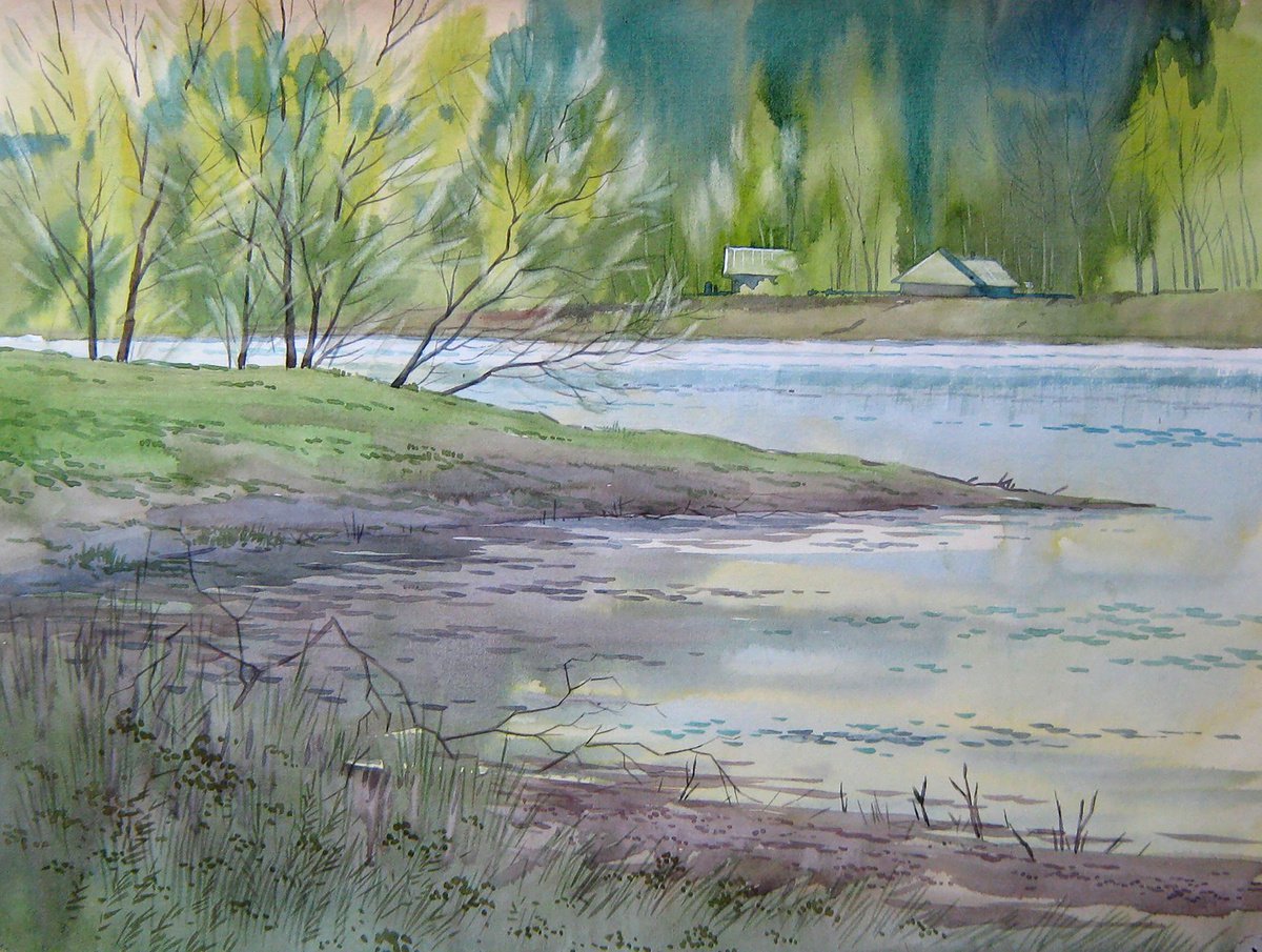 Impressionistic Landscape Watercolour By Valeriy Savenets-1, 16 X 12", Spring Landscape, Original Artwork