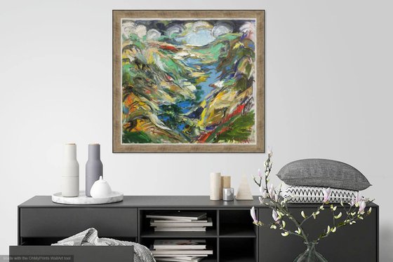 MOUNTAIN LANDSCAPE - landscape art, mountainscape, mountain, expressive, sky, canyon  68x73