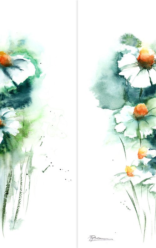 Set of 2 Daisies Flowers Paintings by Olga Tchefranov (Shefranov)