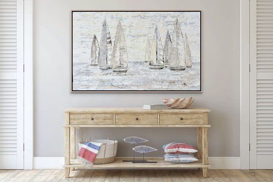 SAILING SPLENDOR. Regatta Beige Gray Seascape Coastal Painting Sailboats