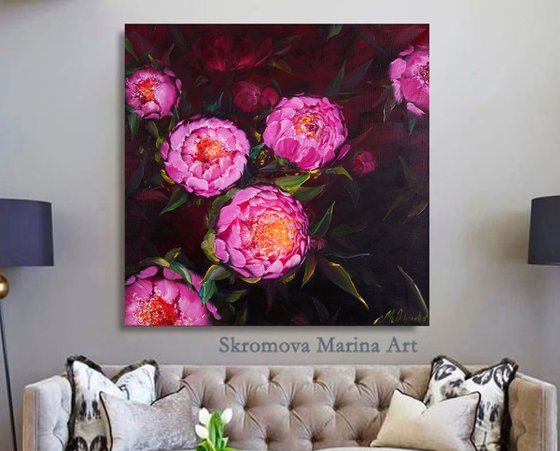 EVENING COOLNESS - Original. Pink flowers. Unusual peonies. Dark background. Floral art. Hand painting. Dust.