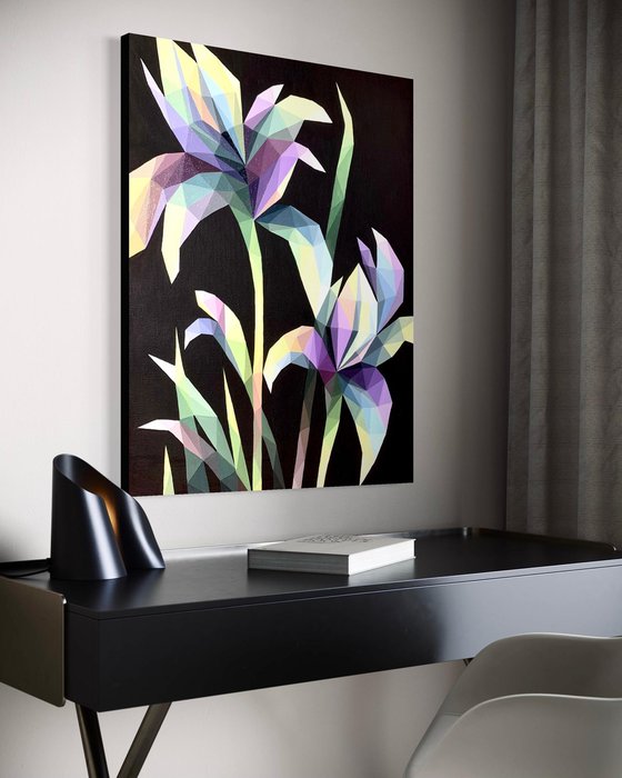 LILAC IRISES ON BLACK