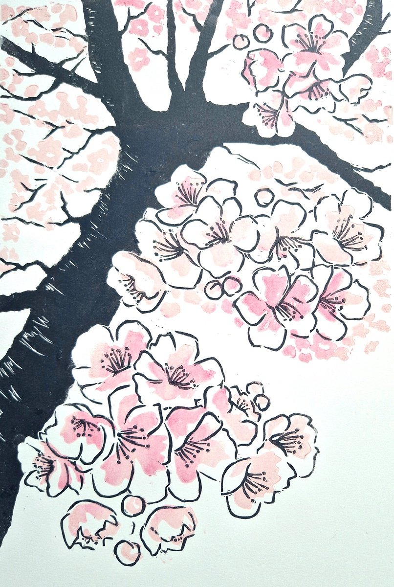 Illustrative Landscape Linocut By Jo Biggadike, 15 X 16, Apple Blossom, Original Artwork