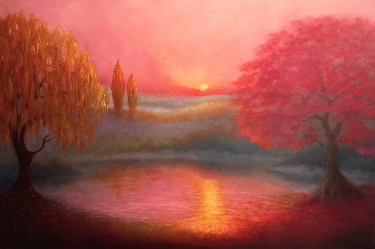 Impressionistic Landscape Oil Painting By Lee Campbell, 35 X 24", Rose Dore, Original Artwork