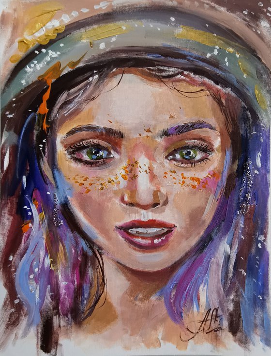 Colorful portrait with a girl. Original oil painting