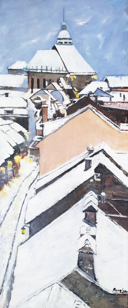 Impressionistic Cityscapes Oil Painting By Maria Karalyos, 12 X 28", Brasov Winter Evening, Original Artwork