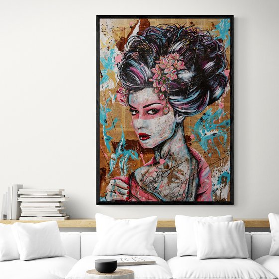 Pinku 140cm x 100cm Geisha Abstract Realism Art