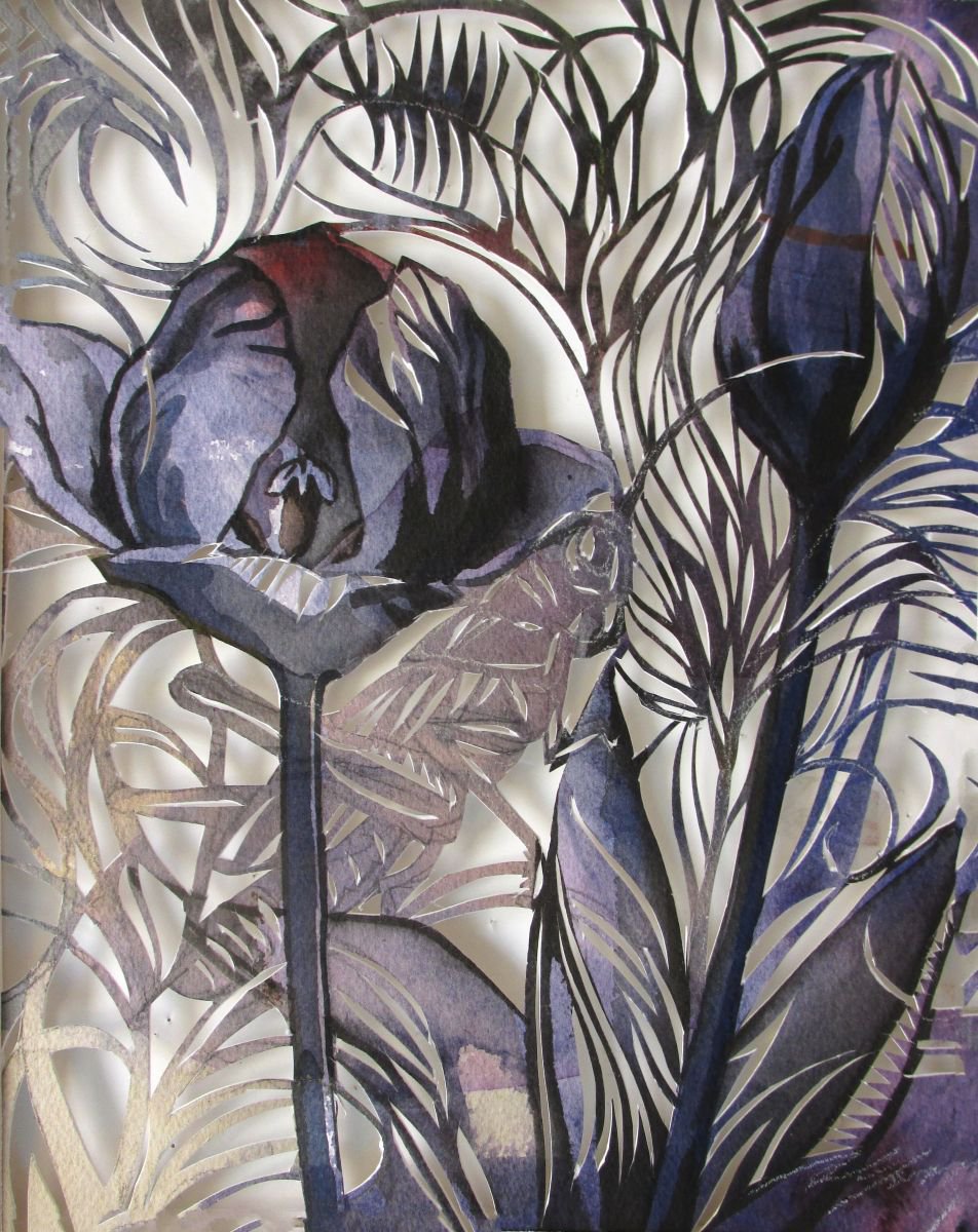 Botanical Watercolour By Alfred Ng, 9 X 11, Grasshopper With Tulips Paper Cut, Original Artwork