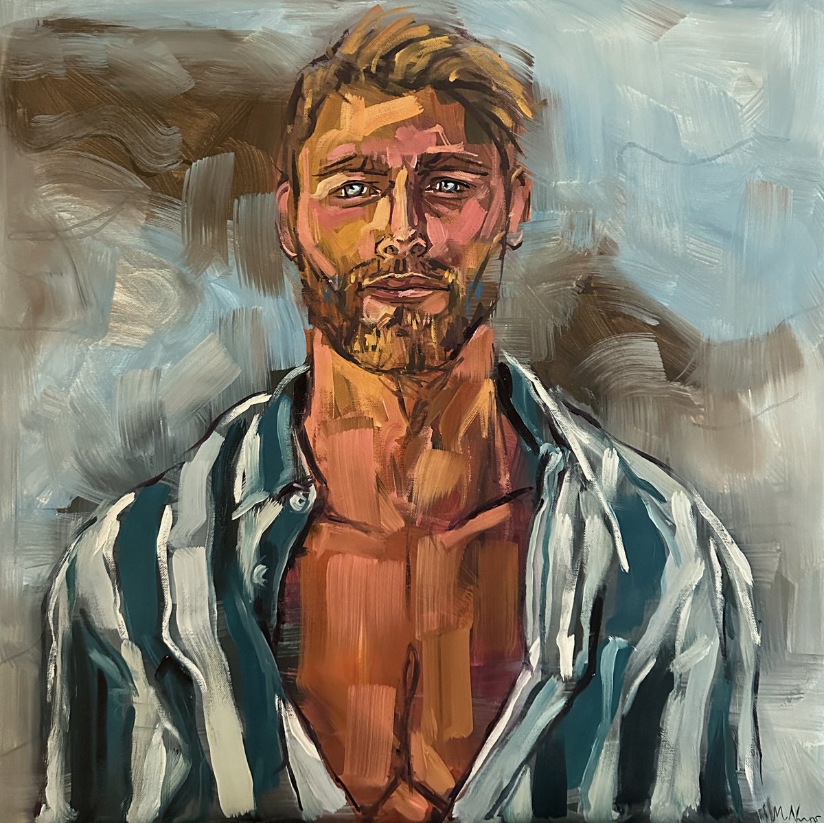 Impressionistic Portrait Oil Painting By Emmanouil Nanouris, 24 X 24, Young Sexy Handsome Man, Original Artwork