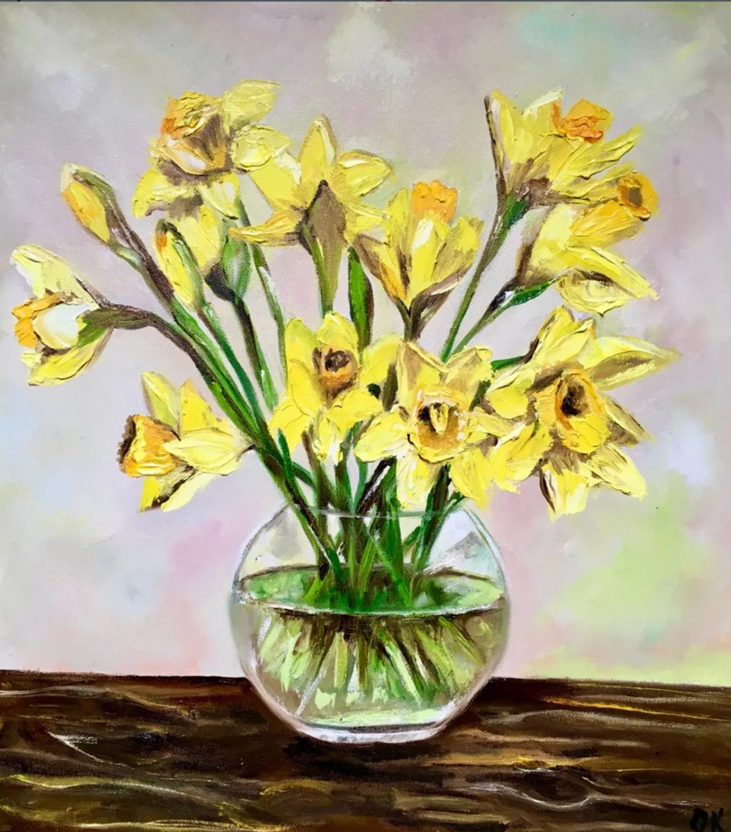 Impressionistic Botanical Oil Painting By Olga Koval, 16 X 18", Bouquet Of Daffodils 3, Original Artwork