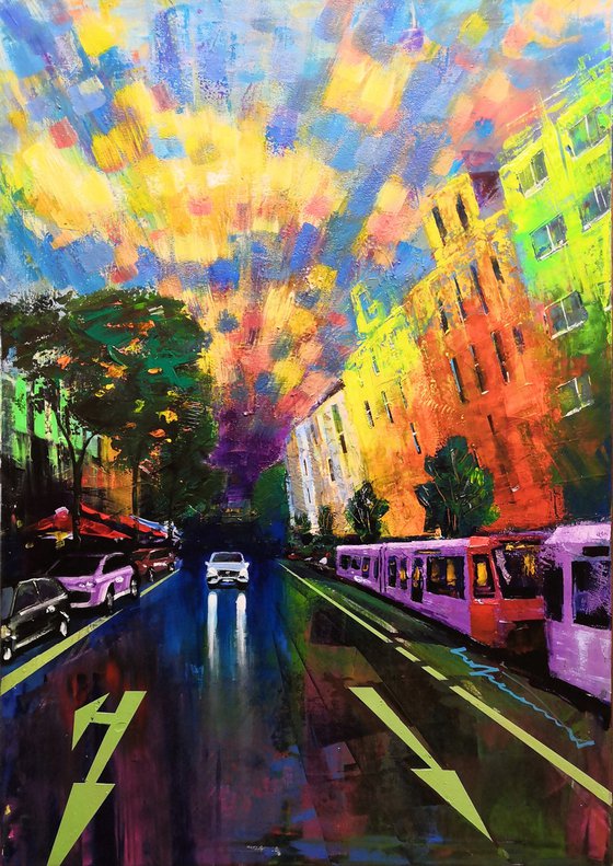 'AACHENER STREET, COLOGNE, GERMANY' - Cityscape Acrylics Painting on Canvas