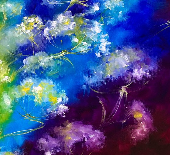 RAINBOW FLOWER SWIRL - Abstract flowers. Rainbow dandelions. Flower field. Red and blue. Pooh. Summer. Emotions.