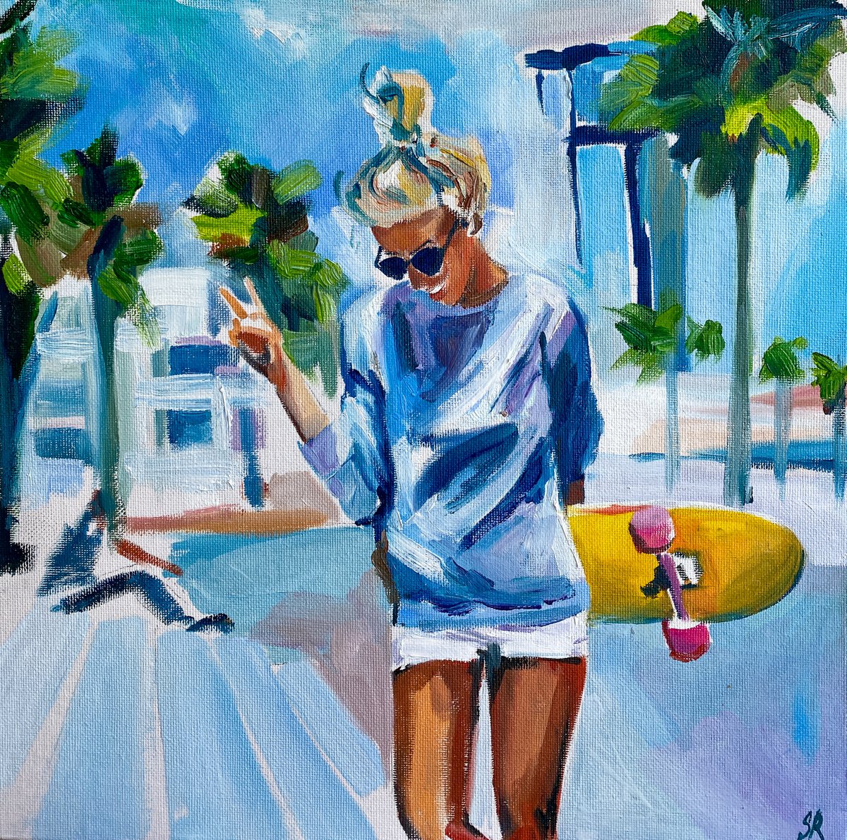 Summer Vibes - oil painting, original gift, summer, palm trees, skate, girl, city, blonde by Sasha Robinson