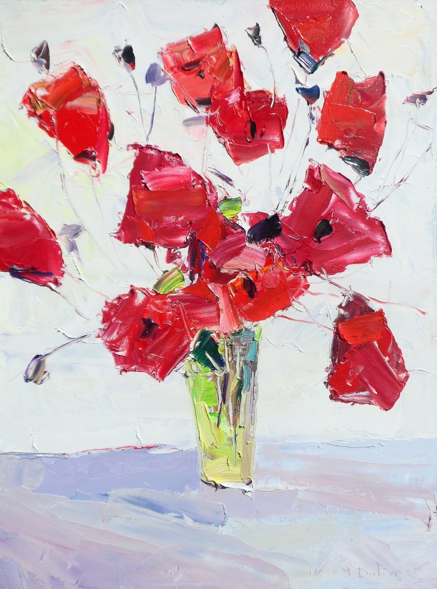 Impressionistic Botanical Oil Painting By Yehor Dulin, 12 X 16", " Poppies", Original Artwork