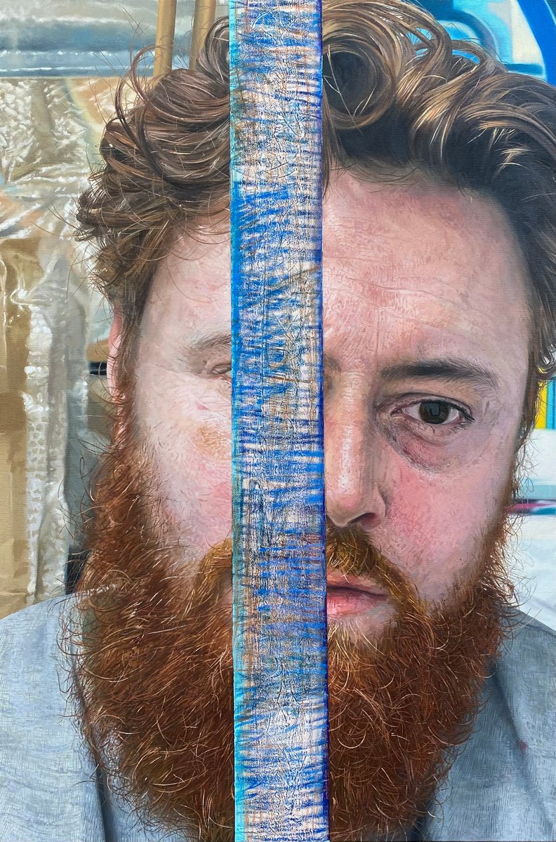 Photorealistic Portrait Painting By Andrew Newton, 24 X 35, Self Portrait With Strip, Original Artwork