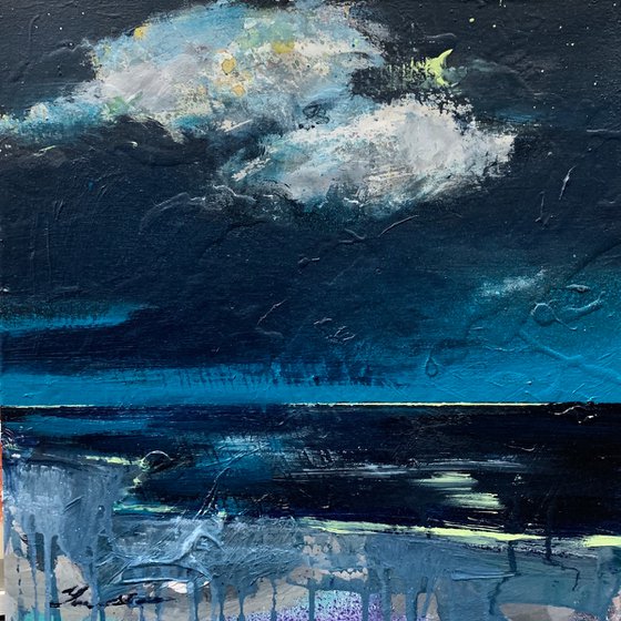 Minimalistic small landscape - "Night moon sky" - Minimalism - Expressionist seascape - 2022