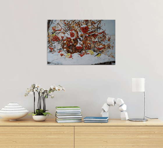 Snowy Rowan Basket and Winter Birds