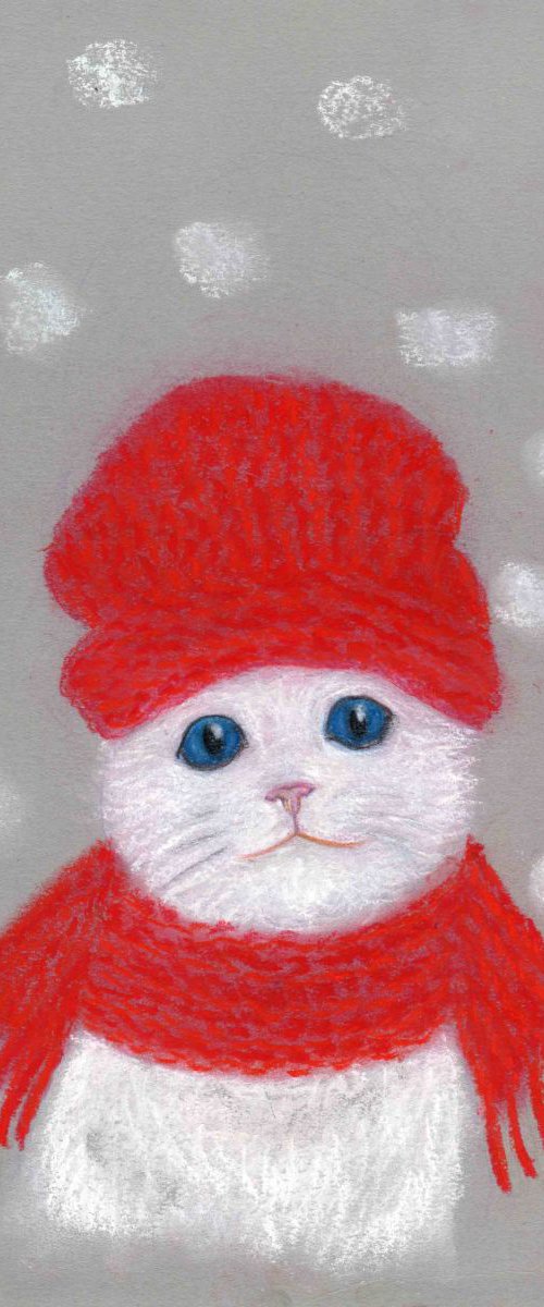 White cat with red hat and scarf by Yumi Kudo