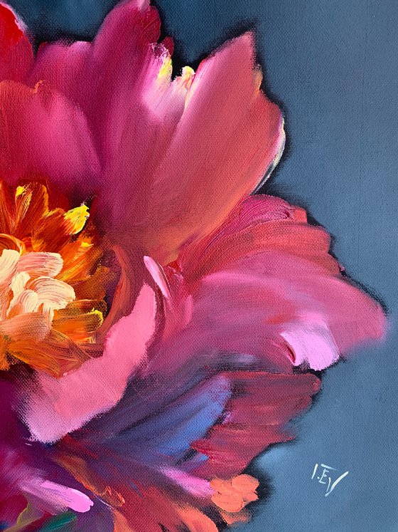 Original oil painting red peony on canvas