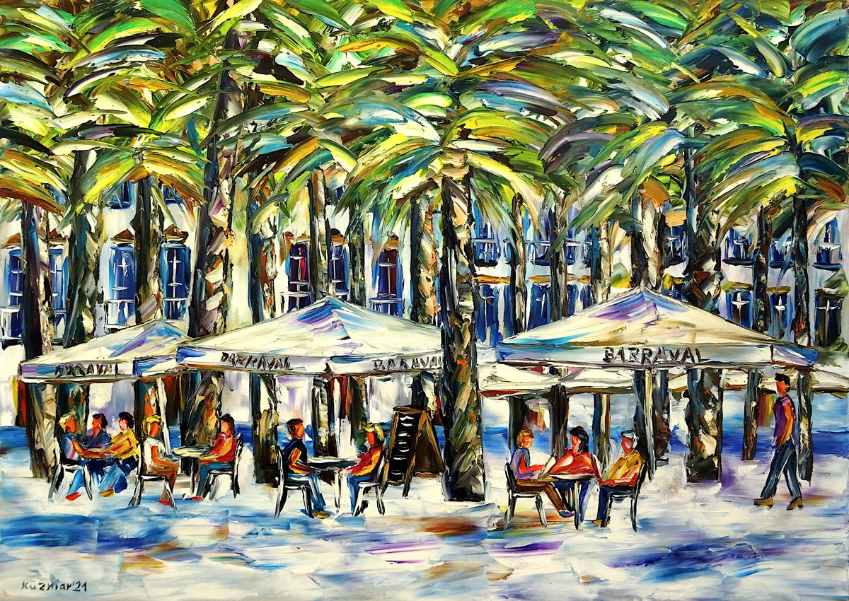 Expressive Cityscapes Oil Painting By Mirek Kuzniar, 28 X 20", Under The Palm Trees, Original Artwork