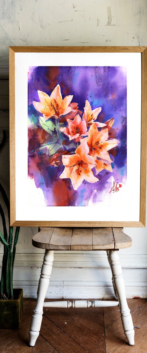 "Dance of the Lilies" - flowers on a contrasting background bright watercolor original artwork by Ksenia Selianko