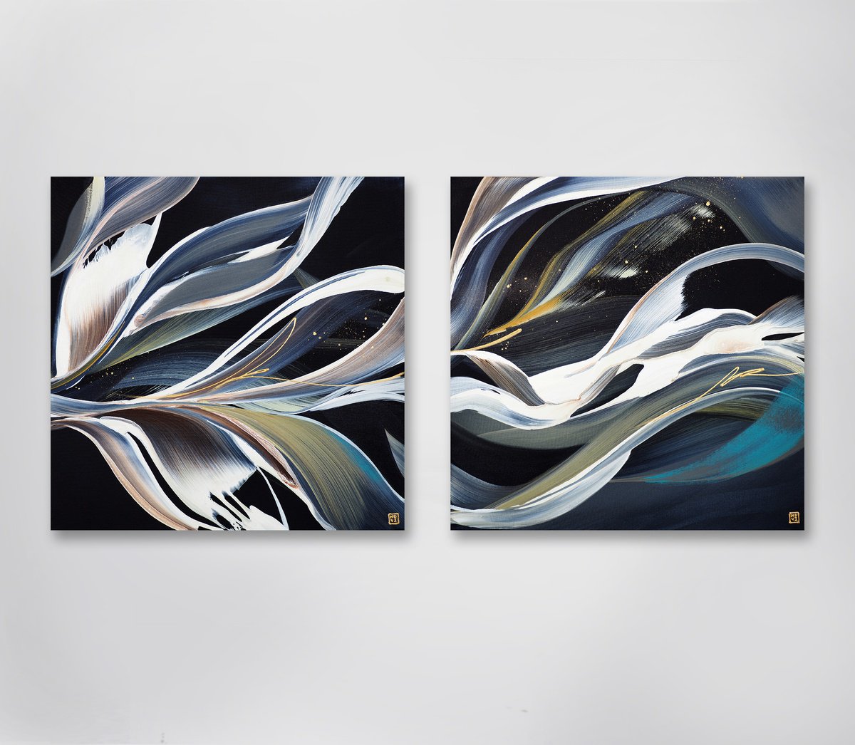 Abstract Acrylic Painting By Novi Lim, 62 X 30", Faster Than Light Diptych, Original Artwork
