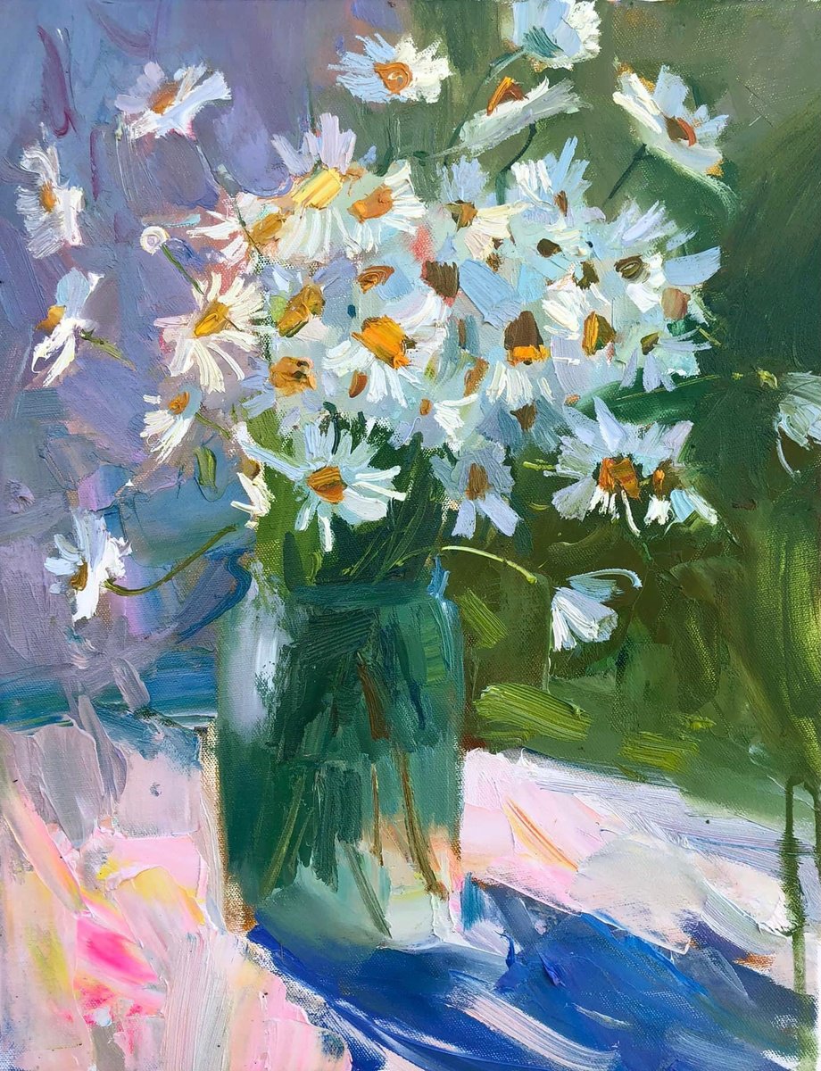 Expressive Botanical Oil Painting By Ivan Dragan, 14 X 18, Daisies, Original Artwork