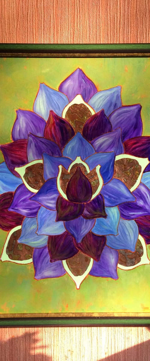 Mandala of blue and purple figs on a green background - Framed mixed media painting by Olga Ivanova