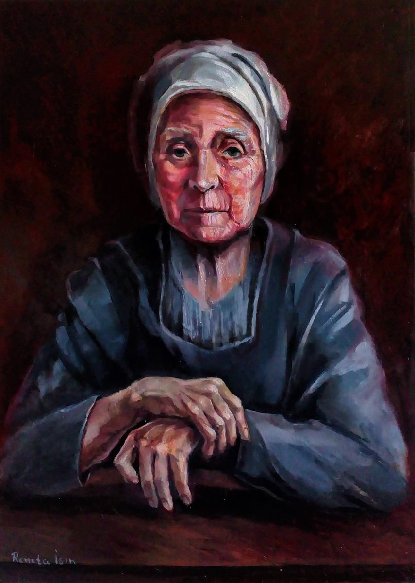 Old Woman - 50 x 70cm Oil on Canvas Portrait Painting by Reneta Isin