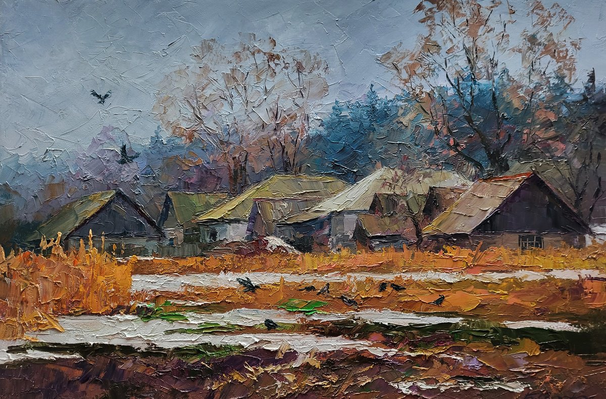 Impressionistic Landscape Oil Painting By Boris Serdyuk, 30 X 20, The First Snow Fell In The Village, Original Artwork