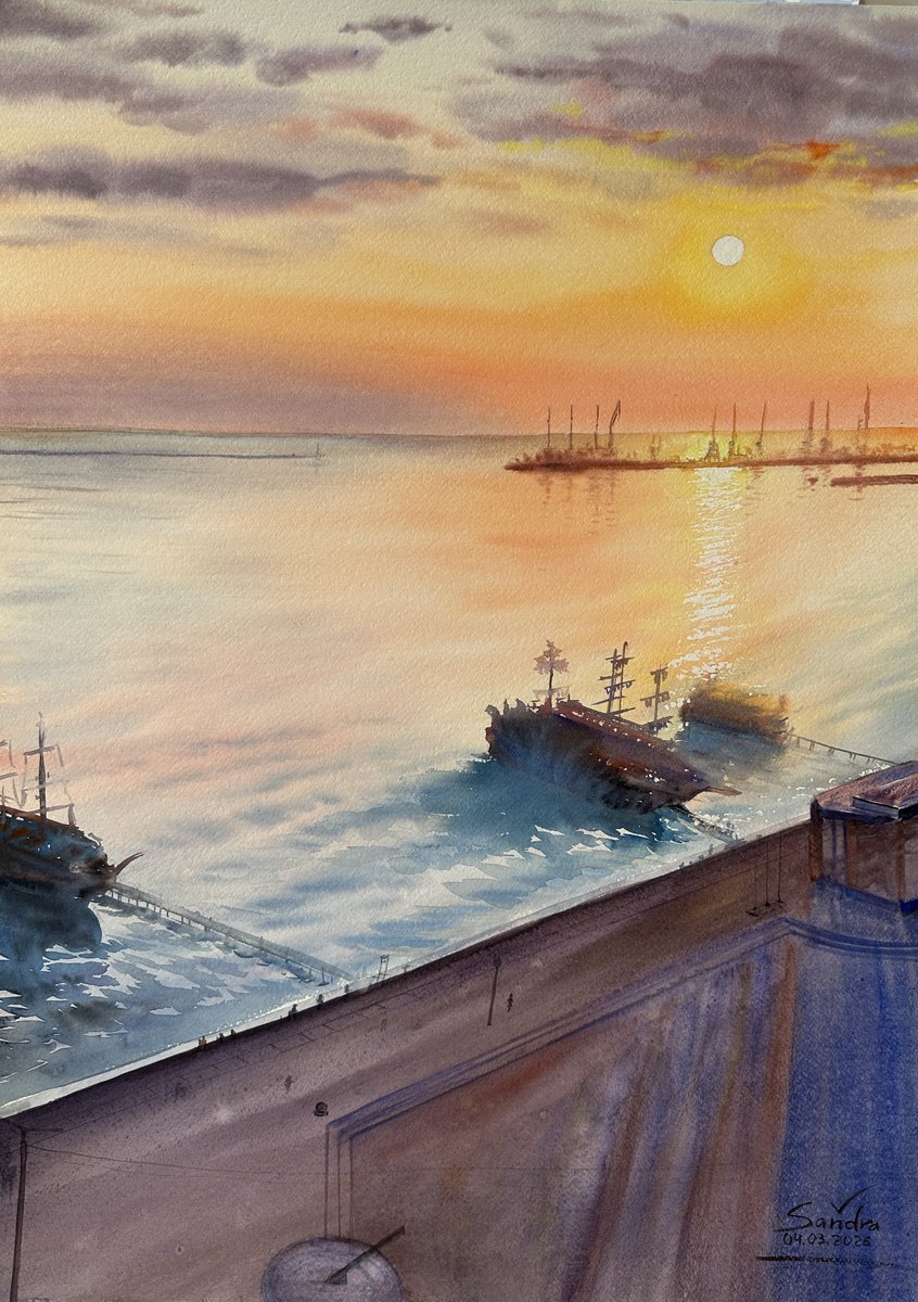 Impressionistic Watercolour , Serene Sunset Over A Seaside Town By Oleksandra Padushyna, 22 X 30, Artwork For Sale On Artfinder