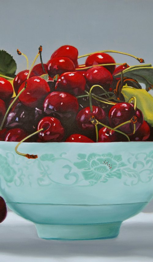 Cherries painting, Original oil on canvas realistic art, 40 x55 cm by Simona Tsvetkova