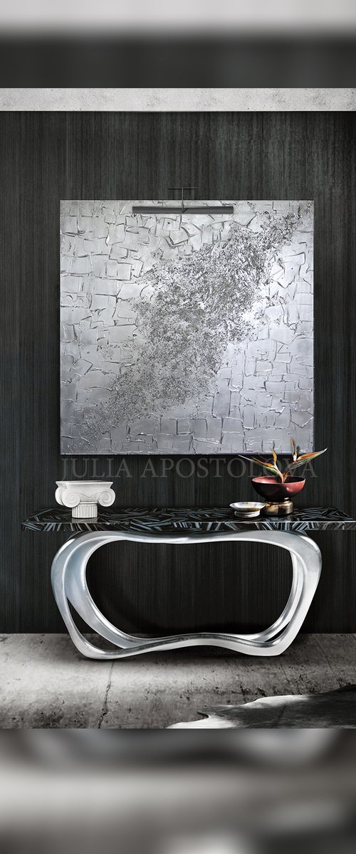 Silver Heavy Textured Art, Wall Sculpture, Minimalist Abstract Painting, Silver Wall Art, Rich Textures, Huge Sculpture 3d Art for Modern Contemporary Home or Office Decor by Julia Apostolova by Julia Apostolova