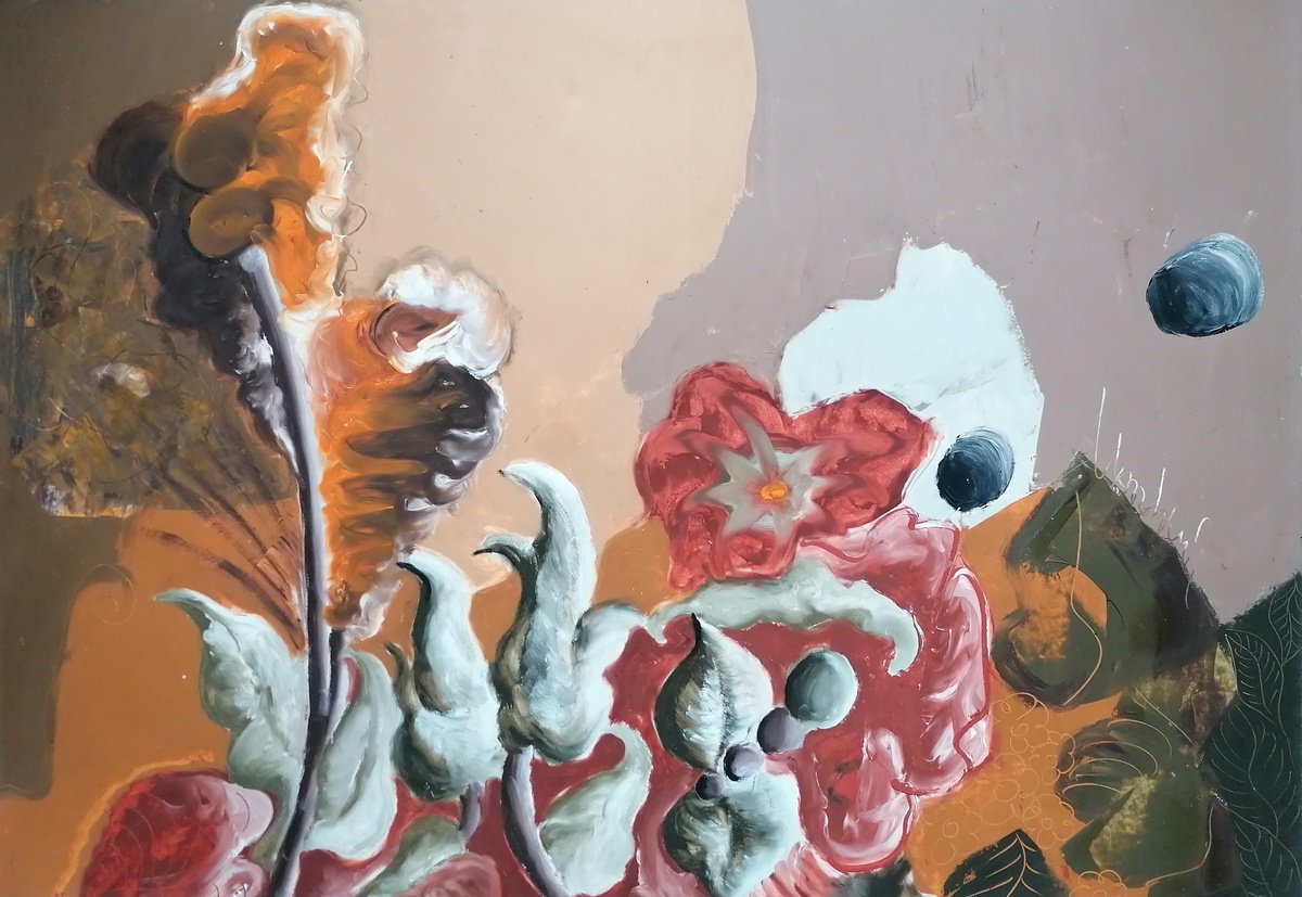 Surrealistic Botanical Acrylic Painting By Stefano Mazzolini, 39 X 28", Flo, Original Artwork