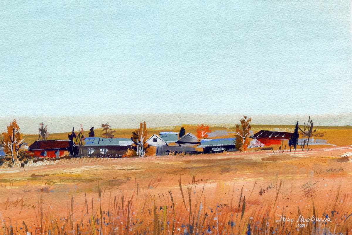 Country village original watercolor painting, bright colors field landscape, orange decor... by Irina Povaliaeva
