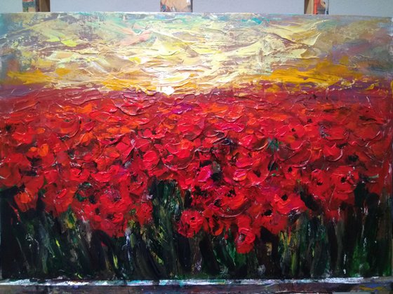 Sunset On Poppy Field. Original Impasto Acryl Painting With Palette Knife.