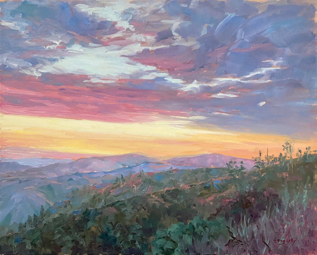 Impressionistic Landscape Oil Painting By Tatyana Fogarty, 20 X 16", Sunset Last Light Over Mountains, Original Artwork