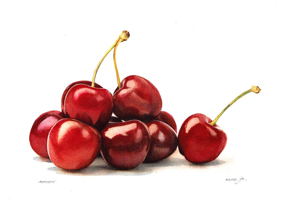 Photorealistic Still Life Watercolour By Reme Jr., 14 X 10", Cherry, Original Artwork
