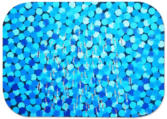 Swimmers 023 · Blue abstract open water landscape · Blue bubbles, sun, ocean beach, sand,