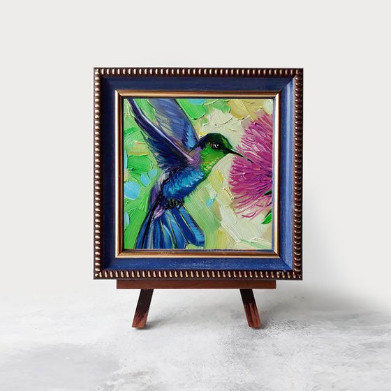 Hummingbird art painting 4x4 in blue frame, Bird painting original blue framed wall art, Mothers day gift from daughter