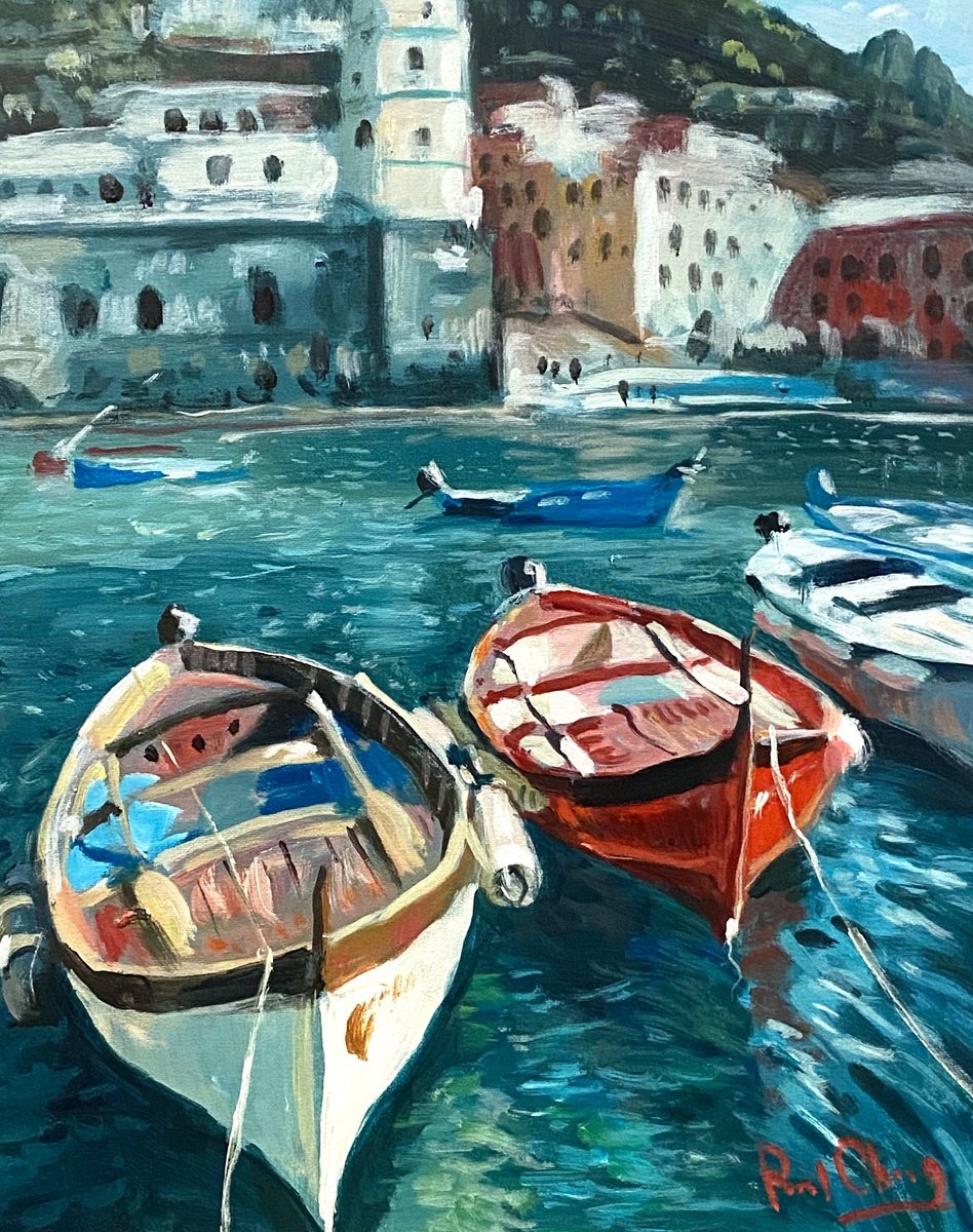 Impressionistic Cityscapes Acrylic Painting By Paul Cheng, 16 X 20", Cinque Terre No.5, Original Artwork