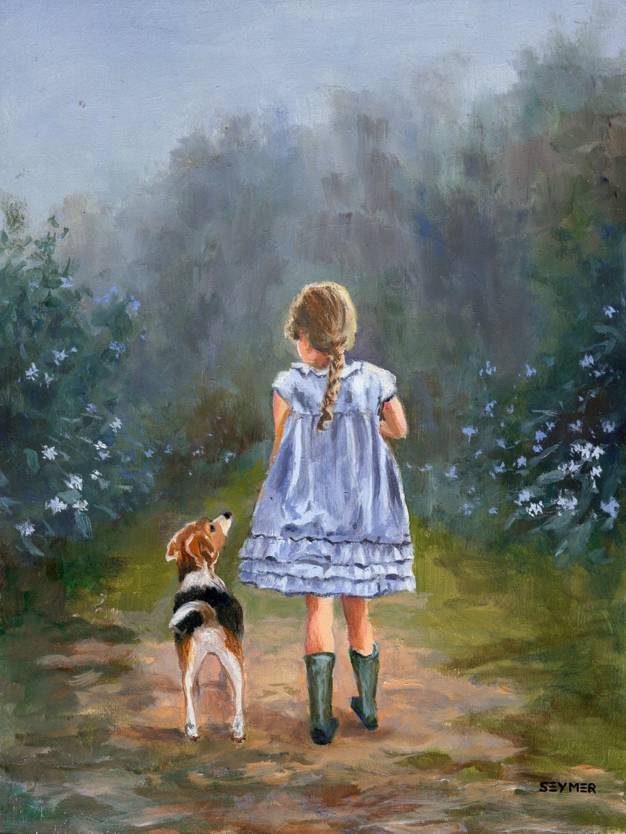 Beagle painting ORIGINAL, Little girl and dog, Animal wall art, Vintage art, Pet portrait... by Lucia Verdejo