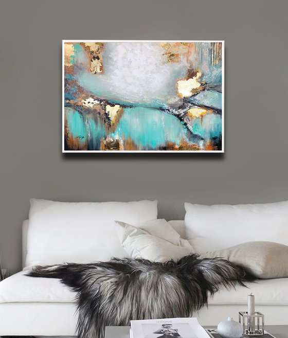 Awake my Soul - Teal Abstract Painting 32" Large Canvas, Gold Leaf, Minimalist Painting, Blue Green Aqua Abstract Painting